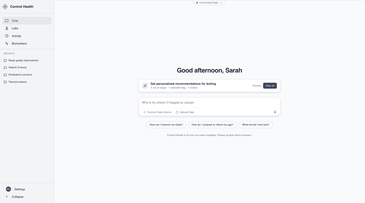 Control Health chat dashboard with labs, activity, and biomarkers navigation