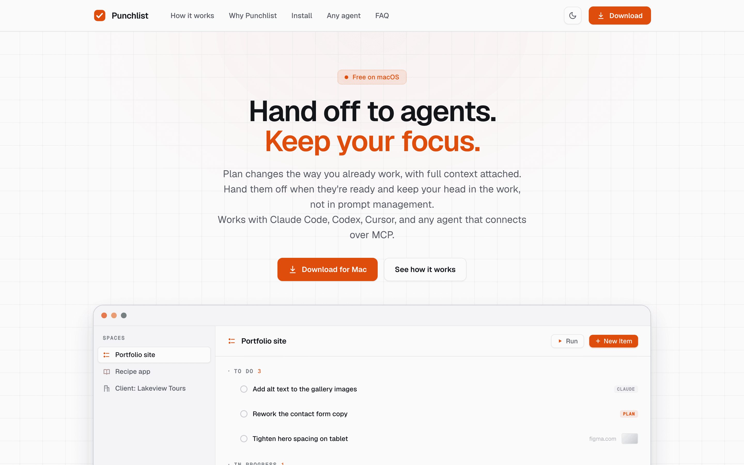 Punchlist landing page: “Hand off to agents. Keep your focus.” above a peek of the app’s capture queue