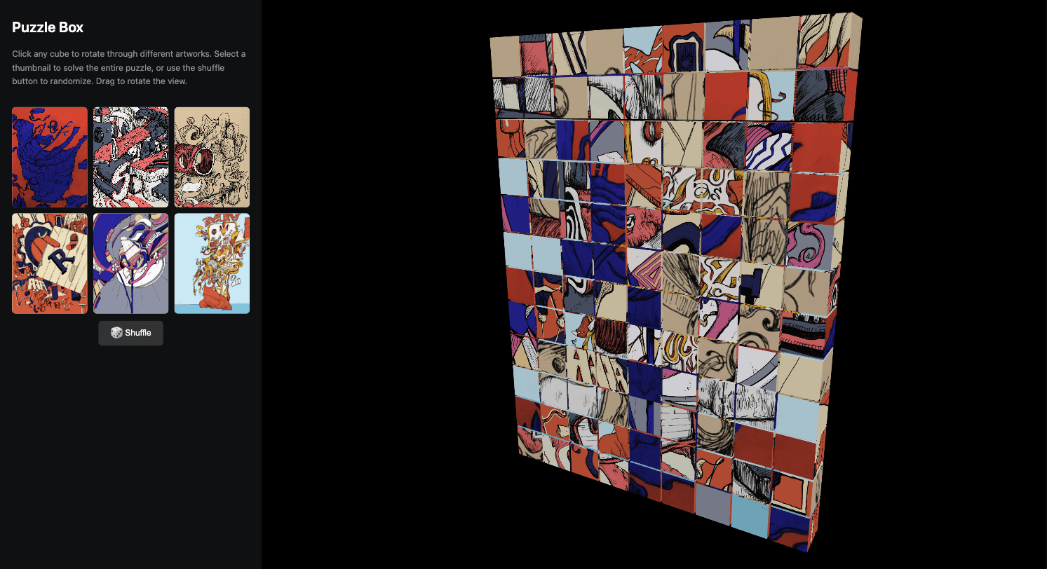PuzzleBox: a 3D wall of shuffled art cubes with artwork thumbnails to solve